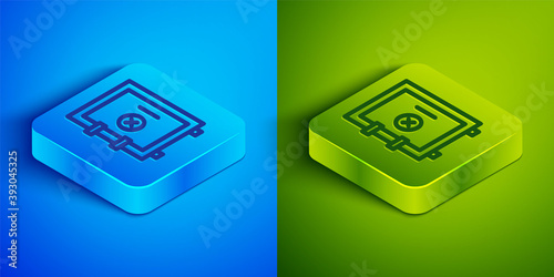 Isometric line Safe icon isolated on blue and green background. The door safe a bank vault with a combination lock. Reliable Data Protection. Square button. Vector.