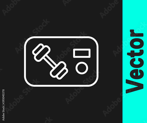 White line Fitness club, gym card icon isolated on black background. Vector.