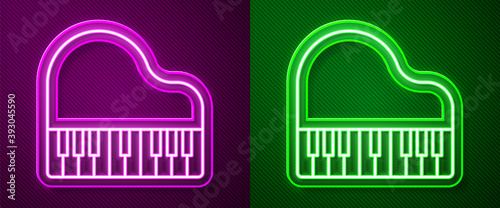 Glowing neon line Grand piano icon isolated on purple and green background. Musical instrument. Vector.