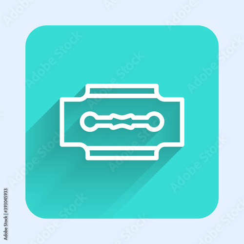 White line Blade razor icon isolated with long shadow. Green square button. Vector.