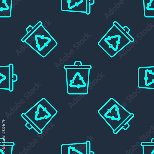 Green line Recycle bin with recycle symbol icon isolated seamless pattern on blue background. Trash can icon. Garbage bin sign. Recycle basket sign. Vector.