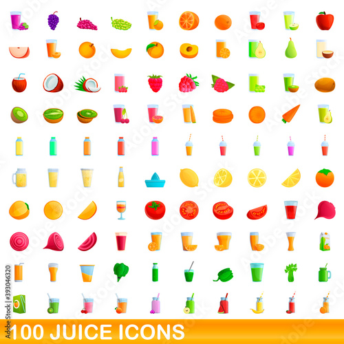 100 juice icons set. Cartoon illustration of 100 juice icons vector set isolated on white background