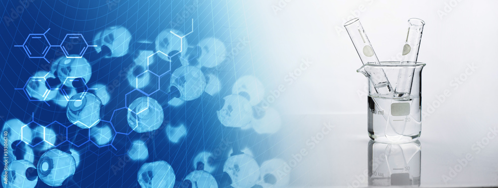 blue molecular chemistry with science beaker laboratory banner background