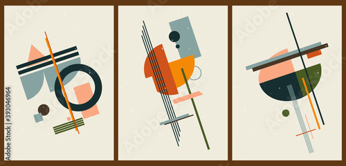 A set of three colorful aesthetic geometric backgrounds. Minimalistic posters for social media, cover design, web, home decor. Vintage illustrations with stripes, shapes, circles, semicircles, lines.