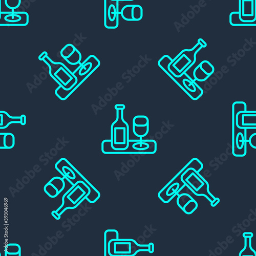 Green line Wine bottle with glass icon isolated seamless pattern on blue background. Vector.