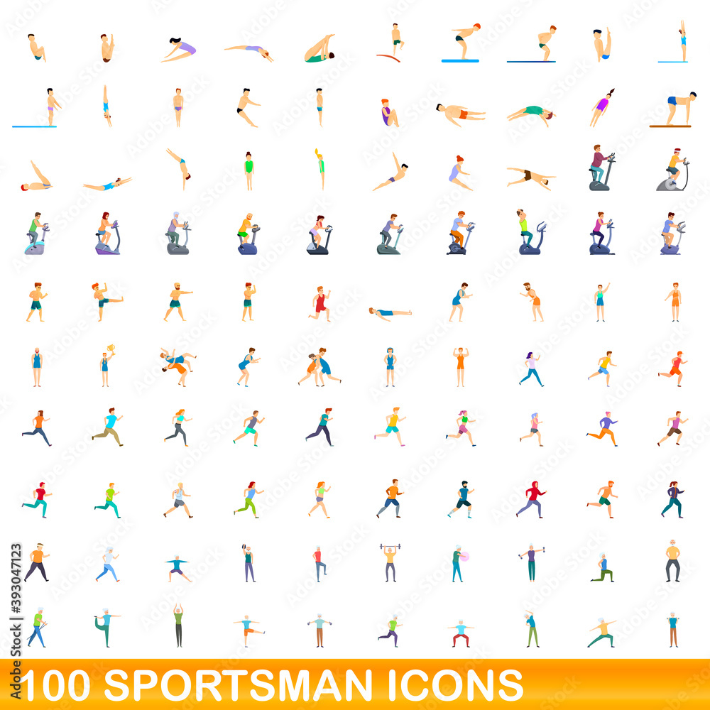 100 sportsman icons set. Cartoon illustration of 100 sportsman icons vector set isolated on white background