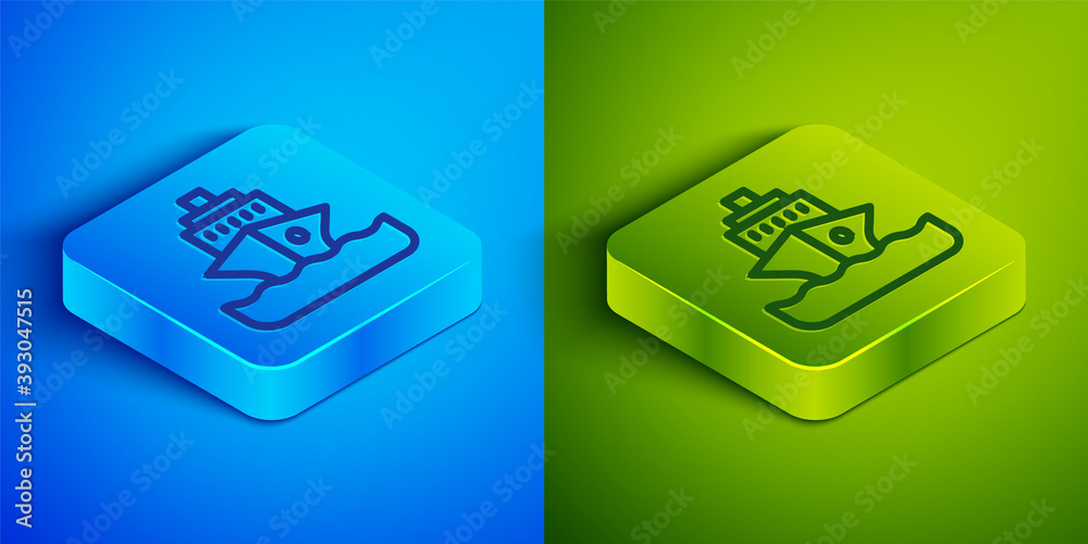 Isometric line Cruise ship icon isolated on blue and green background. Travel tourism nautical transport. Voyage passenger ship, cruise liner. Worldwide cruise. Square button. Vector. Isometric line Cruise ship icon isolated on blue and green background. Travel tourism nautical transport. Voyage passenger ship, cruise liner. Worldwide cruise. Square button. Vector.