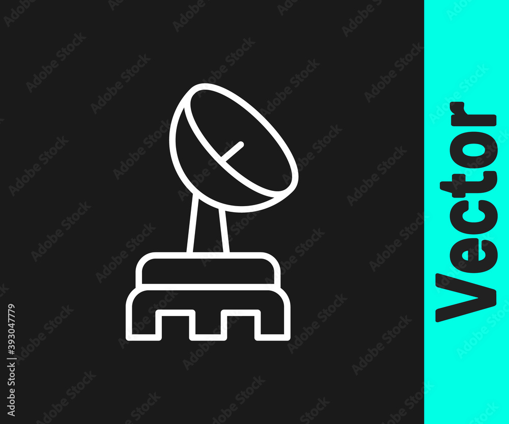 White line Radar icon isolated on black background. Search system. Satellite sign. Vector. White line Radar icon isolated on black background. Search system. Satellite sign. Vector.