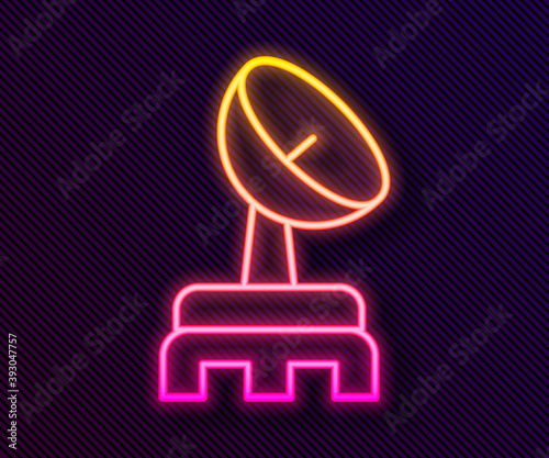 Glowing neon line Radar icon isolated on black background. Search system. Satellite sign. Vector.