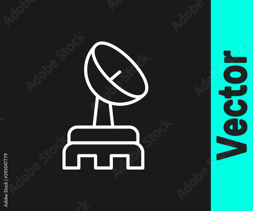 White line Radar icon isolated on black background. Search system. Satellite sign. Vector.
