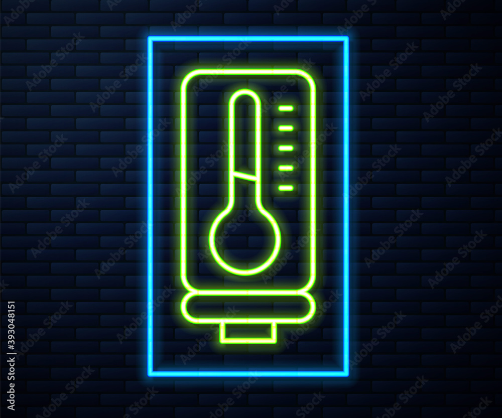 Glowing neon line Meteorology thermometer measuring heat and cold icon isolated on brick wall background. Thermometer equipment showing hot or cold weather. Vector. Glowing neon line Meteorology thermometer measuring heat and cold icon isolated on brick wall background. Thermometer equipment showing hot or cold weather. Vector.