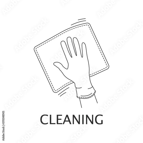 A hand in a rubber glove wipes the surface with a rag. Cleaning and disinfection, detergent. Linear style on a white background. Icon, logo