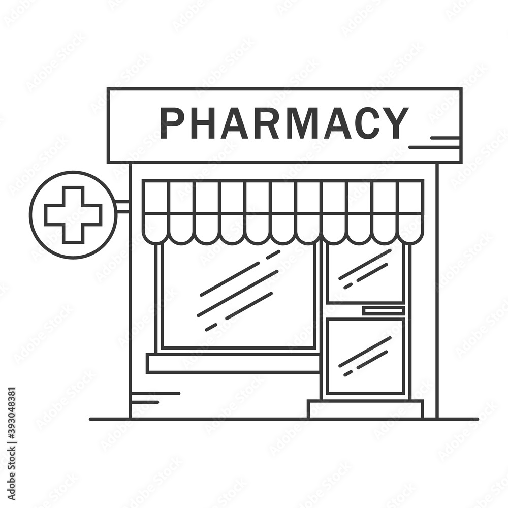 Fototapeta premium Pharmacy building line medicine concept. Architectural form can be used for website design, infographics and as an icon. Vector illustration isolated on white background.