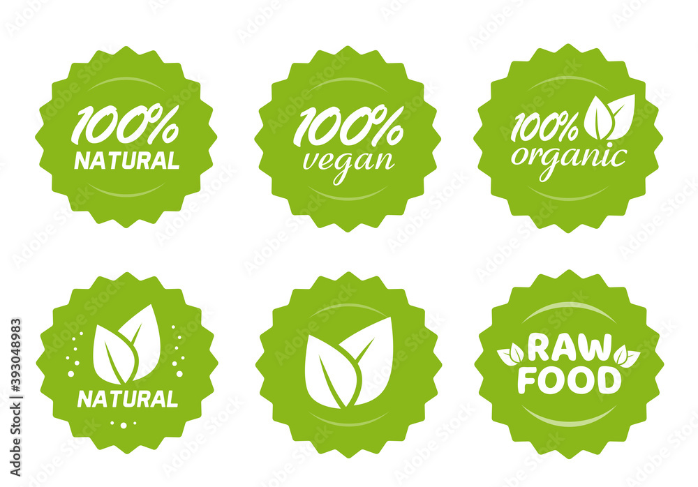 Organic natural, vegan and raw food nutrition icon label vector stickers with leaves set, 100 percent healthy meal, modern green badge for product packaging isolated tags collection Organic natural, vegan and raw food nutrition icon label vector stickers with leaves set, 100 percent healthy meal, modern green badge for product packaging isolated tags collection