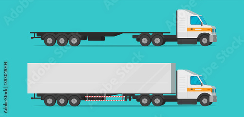Freight cargo truck vector flat cartoon isolated, industry big long commercial lorry transport clipart, empty and loaded with container heavy vehicle