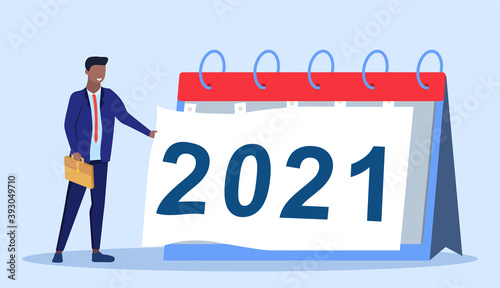 Hello 2021. Businessman putting off calendar sheet of coming year. Meeting the new year. Flat cartoon vector illustration with fictional character.
