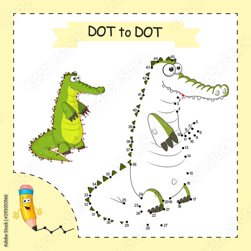 Dot to dot Game. Crocodile. Connect the dots by numbers to draw the animal. Education Game and Coloring Page with cartoon cute Crocodile. Logic Games with answer.Card for kid learning counting numbers