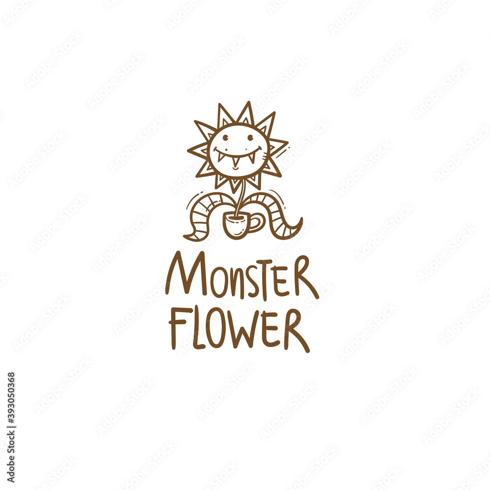 Card with Venus flytrap. Comic drawing of  predatory flower. Vector doodle image. Monster plant print.