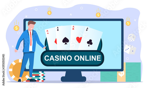 Casino and Gambling Concept. Website or web page on computer monitor with online poker, internet gambling, online casino. Cartoon flat vector illustration isolated on white background