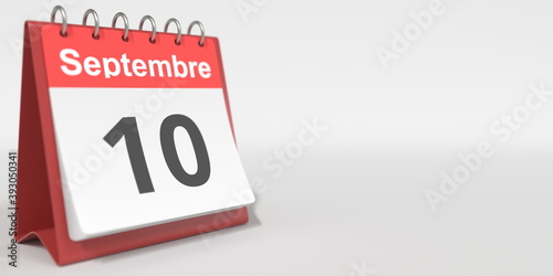 September 10 date written in French on the flip calendar page, 3d rendering