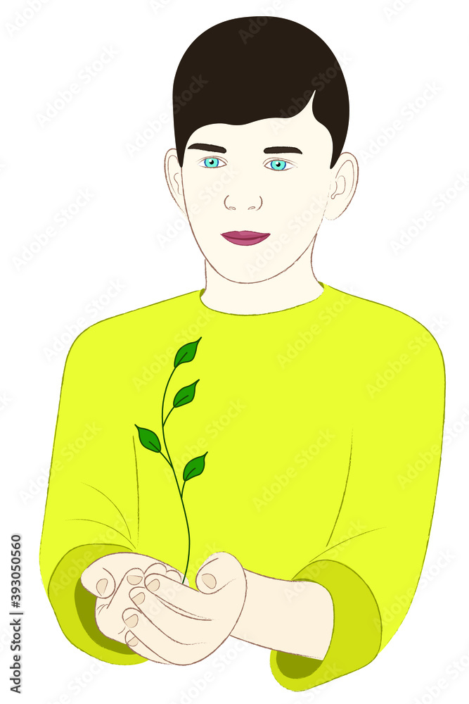 Portrait of a teenage boy looking at a small sprout in his palms Portrait of a teenage boy looking at a small sprout in his palms