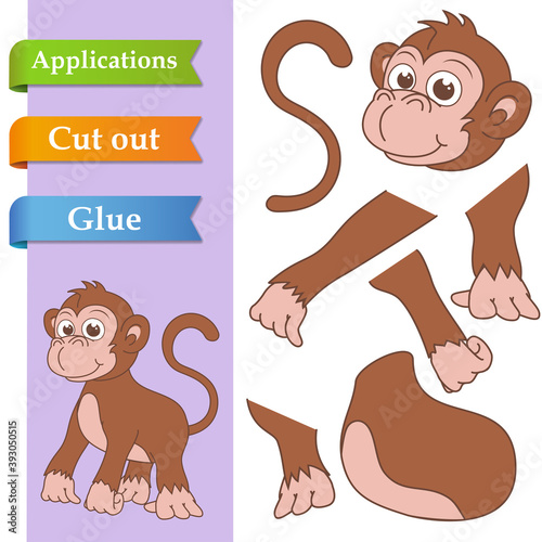 Create paper application the cartoon fun Monkey. Use scissors cut parts of Chimpanzee and glue on the paper. Education logic game for kids to help with cutting, sticking and learning about animals.