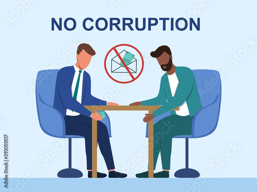 Businessman passing cash money under the table to his corrupted partner. Business bribery and kickback corruption concept. Flat cartoon modern vector illustration isolated on white background.