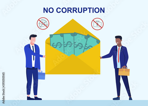 Bribery and corruption concept. Businessmen holding giant envelope with money during corruption deal. Flat cartoon vector illustration. Corruption icon. Giving, receiving cash. Funding,donation,payday
