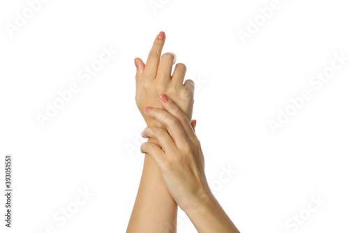 Cute female hands with pink manicure isolated on white background