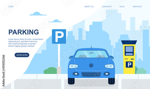 Automobile, car on modern parking lot in city or town. Road sign of parking lot with checkpoint. Website, webpage or landing page template. Cartoon flat vector illustration