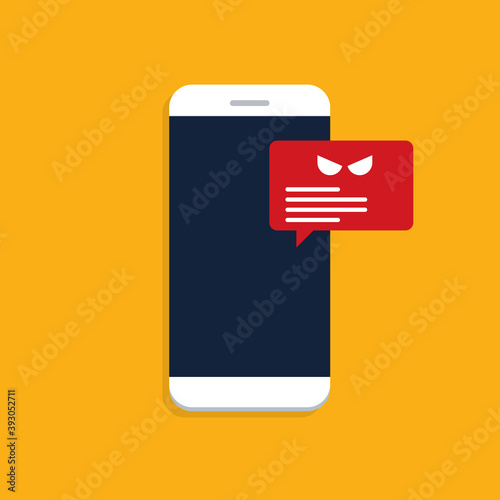 Malware notification on smartphone vector. Mobile phone with bubble speech red alert, concept of spam data, fraud internet error message, insecure connection, online scam, virus.