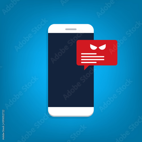 Malware notification on smartphone vector. Mobile phone with bubble speech red alert, concept of spam data, fraud internet error message, insecure connection, online scam, virus.