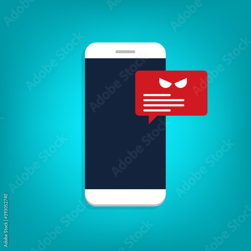 Malware notification on smartphone vector. Mobile phone with bubble speech red alert, concept of spam data, fraud internet error message, insecure connection, online scam, virus.