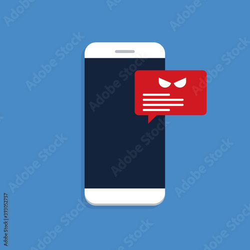 Malware notification on smartphone vector. Mobile phone with bubble speech red alert, concept of spam data, fraud internet error message, insecure connection, online scam, virus.