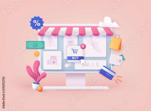 3D Web Vector Illustrations. Online shopping.Design graphic elements, signs, symbols. Mobile marketing and digital marketing.