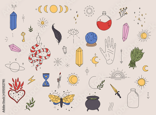 Big set of witchcraft. Magic background for witches and wizards. Hand drawn elements.