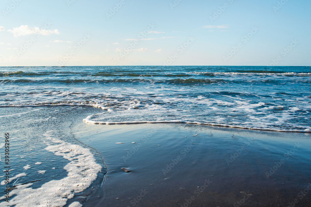Obraz premium Beautiful seascape. Wild beach of the Sea of Okhotsk, Sakhalin island, Russia. Endless sea and clear blue sky. Waves are washed up to the shore. Beauty in nature. Natural background with copy space.