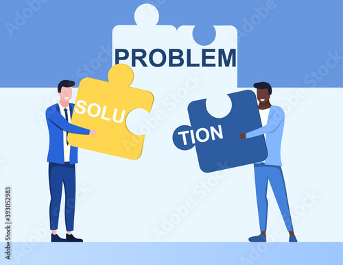 Problem and solution abstract concept. Businesspeople holding in hand piece of jigsaw puzzle. Business concept. Creative problem solving. Flat cartoon vector illustration