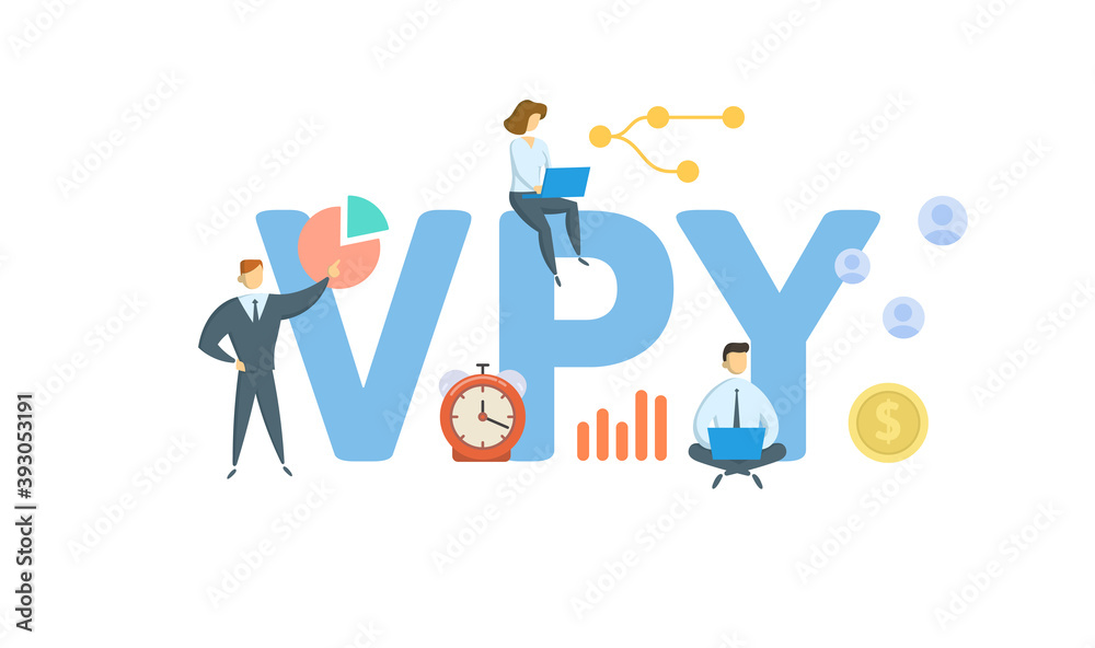 VPY, Versus Prior Year. Concept with keywords, people and icons. Flat vector illustration. Isolated on white background. VPY, Versus Prior Year. Concept with keywords, people and icons. Flat vector illustration. Isolated on white background.