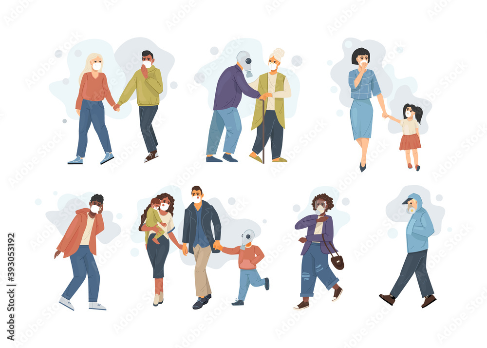 Group people character choking on dust wearing protective face masks Group people character choking on dust wearing protective face masks