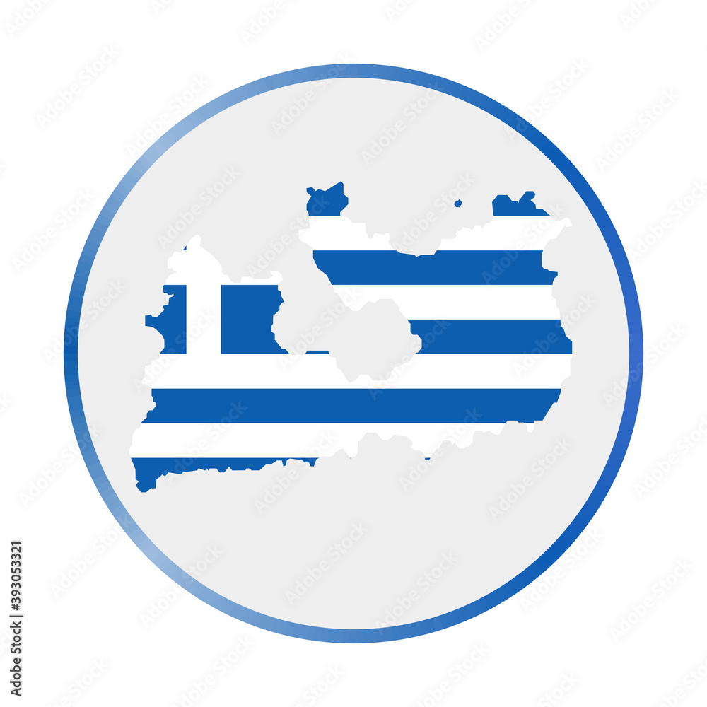 Milos icon. Shape of the island with Milos flag. Round sign with flag colors gradient ring. Authentic vector illustration.