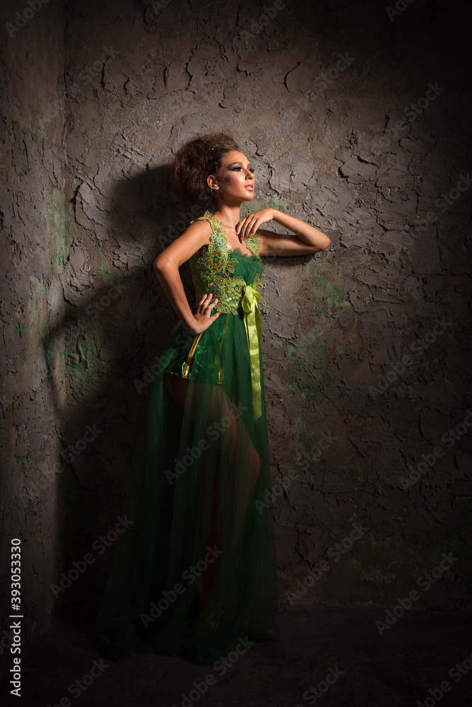 beautiful young slender girl in a green dress near the old wall beautiful young slender girl in a green dress near the old wall