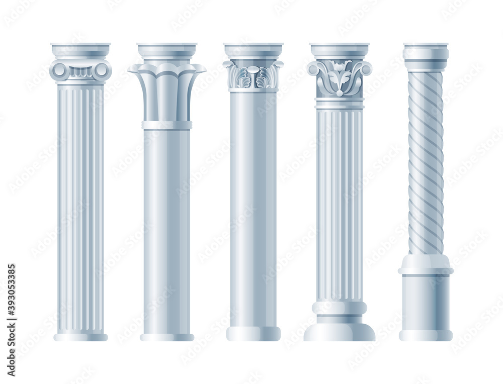 Realistic antique pillars set. Antique column, classic pillar. Ancient ornate pillars historic roman greek architecture facades of historic buildings isolated vector Realistic antique pillars set. Antique column, classic pillar. Ancient ornate pillars historic roman greek architecture facades of historic buildings isolated vector