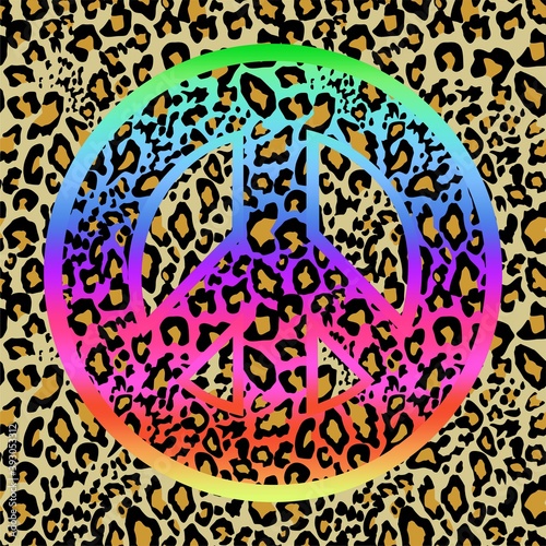 Sand color seamless fashionable leopard wallpaper with colorful hippie peace symbol for wrapping paper, t shirt and bag design, textile print