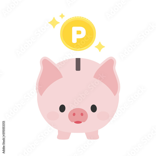 かわいい豚の貯金箱とポイントマークのP入りコイン・白バック：ポイント還元・付与キャンペーン・マイル・お得なショッピングイメージ素材