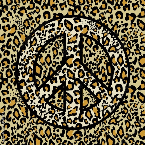Seamless fashionable leopard wallpaper with hippie peace symbol for wrapping paper, t shirt and bag design, textile print