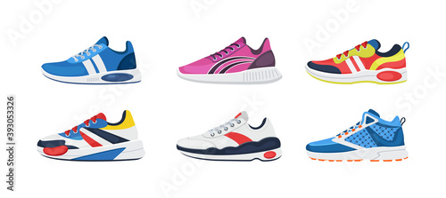 Fitness sneakers shoes set. Comfortable shoes for training, running and walking. Sports shoes of various shapes, training footwear, active sport sneakers cartoon vector