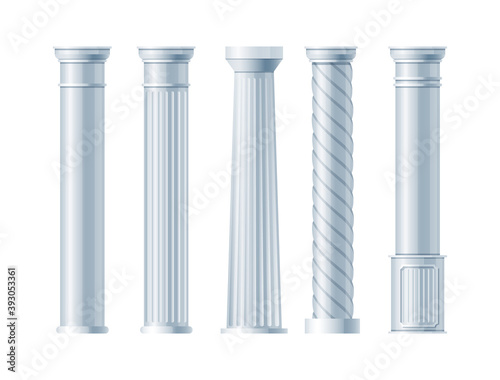 Realistic antique pillars set. Antique column, classic pillar. Ancient ornate pillars historic roman greek architecture facades of historic buildings isolated vector