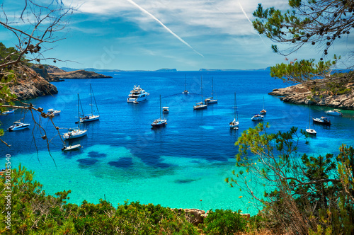 Sailboats at Cala Salada lagoon. Ibiza, Spain