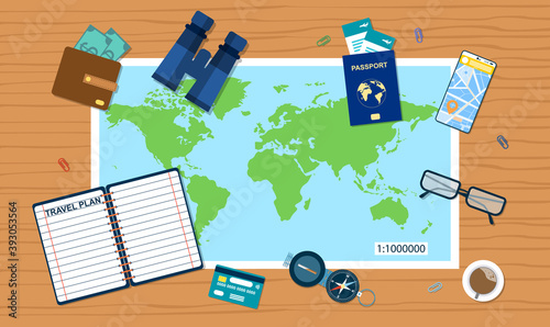 Travel planning abstract concept. Planning vacation, searching place for holiday. Banner tourism template. Summer vacation, holidays, weekend, travelling. Flat cartoon vector illustration